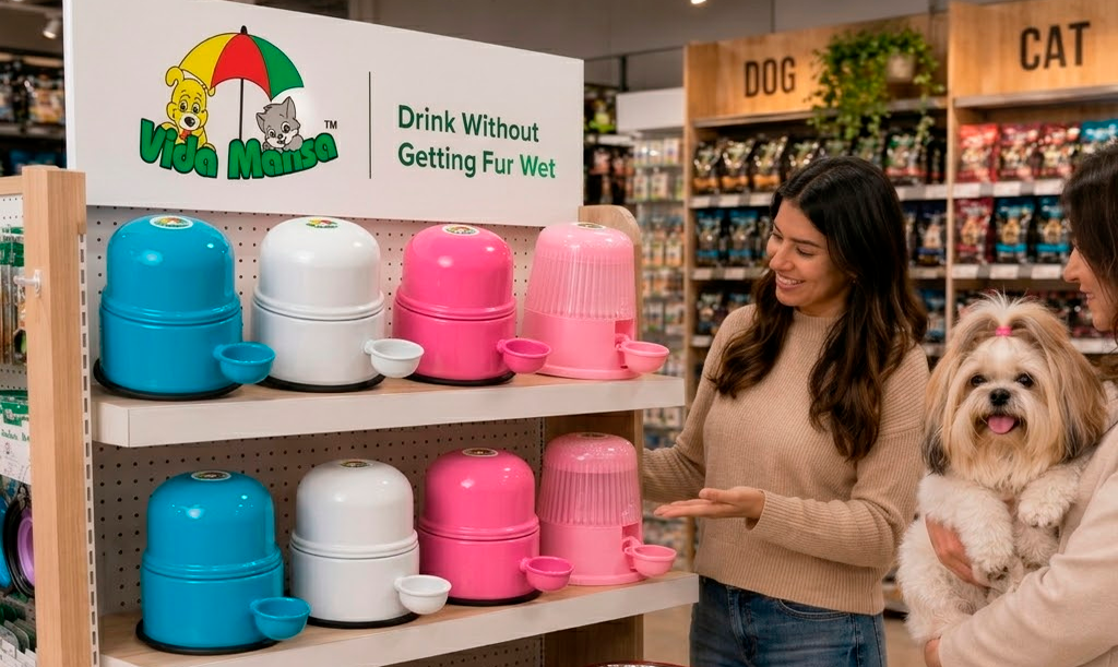 Vida Mansa display in a pet store — customers with a long-haired dog
