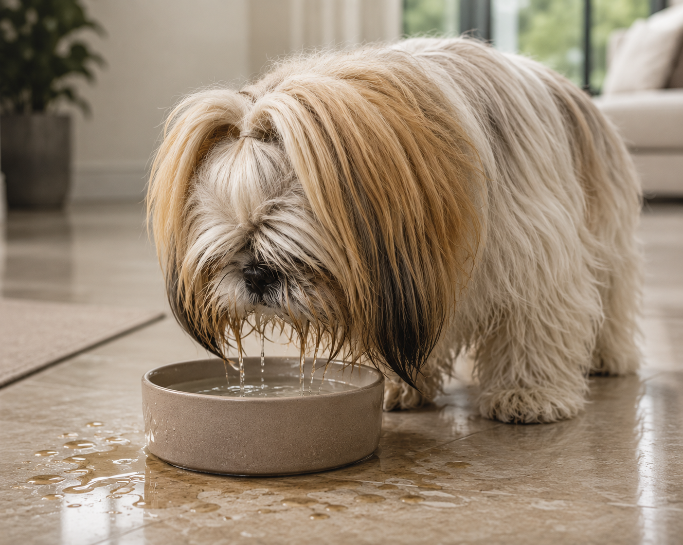 Dog drinking from regular bowl — fur gets wet